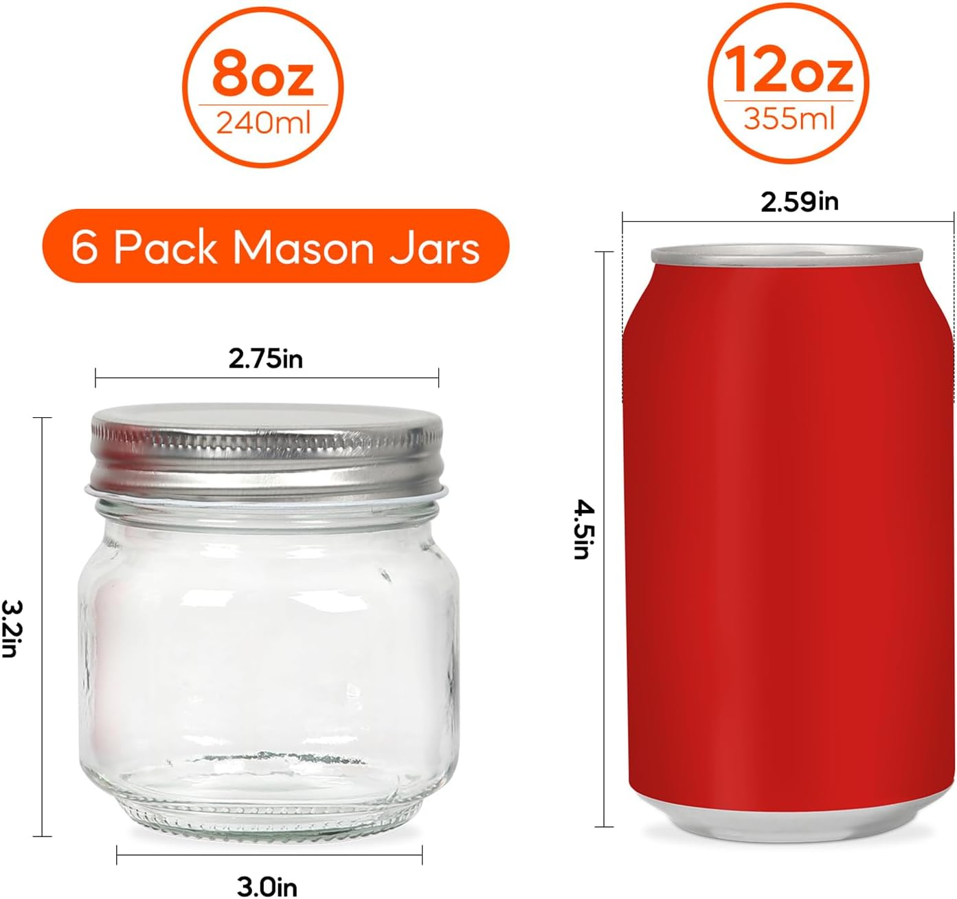 6 Pack Small Mason Jars 8 Oz, Half Pint Canning Jars, 6 SplitType Lids
