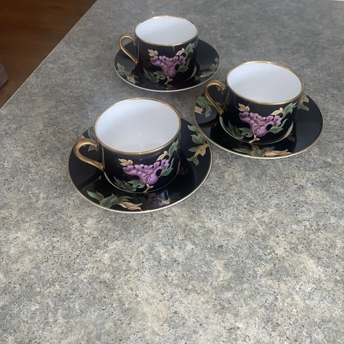 Set of 3 Fitz & Floyd CLOISONNE PEONY Black Cups and Saucers