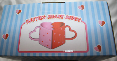 BESTIES HEART BFF MUGS set of 2. Red Pink heart shaped. Ceramic.Dishwasher safe