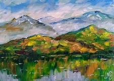 Mountains Lake River Oil Painting Textured Original Art Small Landscape Painting
