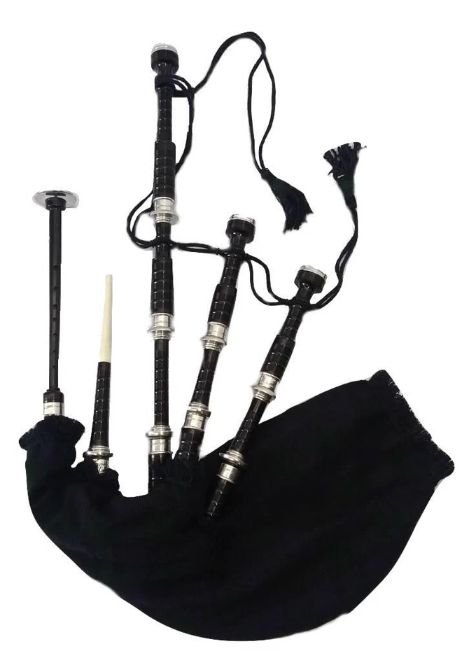H M H.M SCOTTISH GREAT HIGHLAND BAGPIPE ROSEWOOD BLACK COLOR SILVER PLAIN MOUNTS