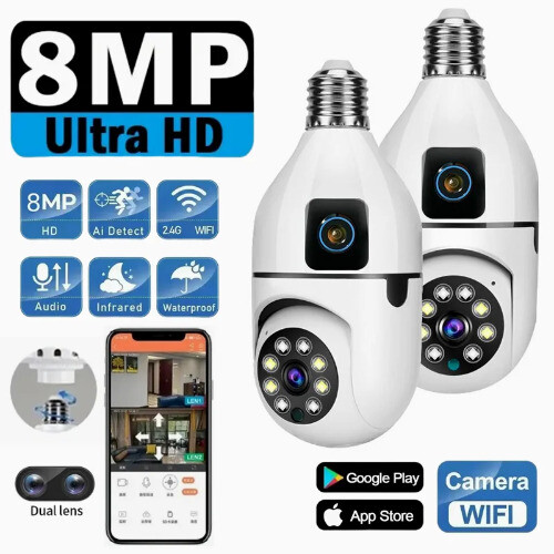 8MP E27 Bulb WIFI 8X Zoom Dual Lens Surveillance 2-way Camera Color Night Vision