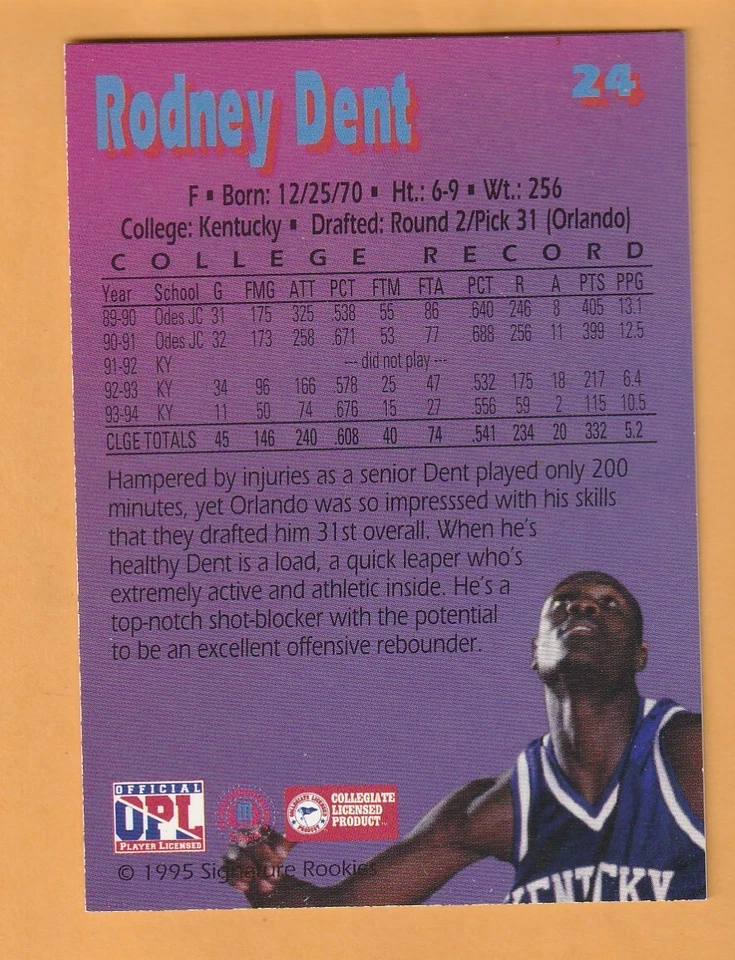 Rodney Dent Kentucky Wildcats 1995 Signature Rookies Kromax #24 10J - Image 2 of 2