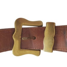 Vintage Brown Leather Belt Solid Brass Scalloped Buckle Western Boho 35 Inch