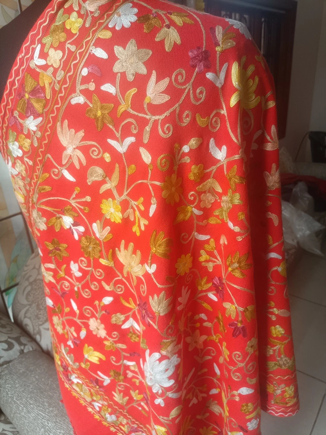 KASHMIR HAND EMBROIDERY STOLE CREWEL LARGE orange color 100% CASHMERE PASHMINA