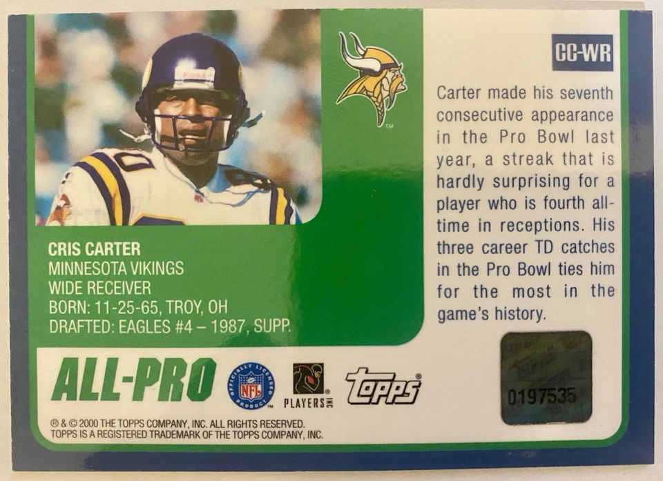 2000 Topps Stars - Pro Bowl Jerseys Chris Carter #CC-WR (MEM) - Image 2 of 2