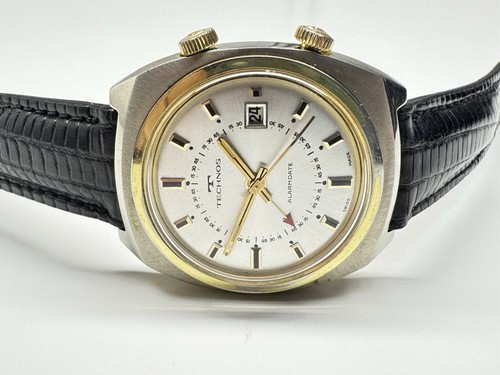 technos alarm date incabloc mechanical swiss made wristwatch