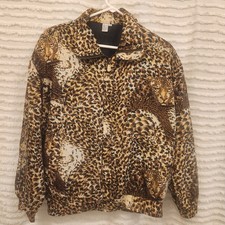 Vintage Fuda International 100 Silk Leopard Animal Print Full Zip Jacket Sz Med