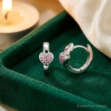 Sterling Silver Rh-Plated Children's Pink CZ Heart Hoop Earrings