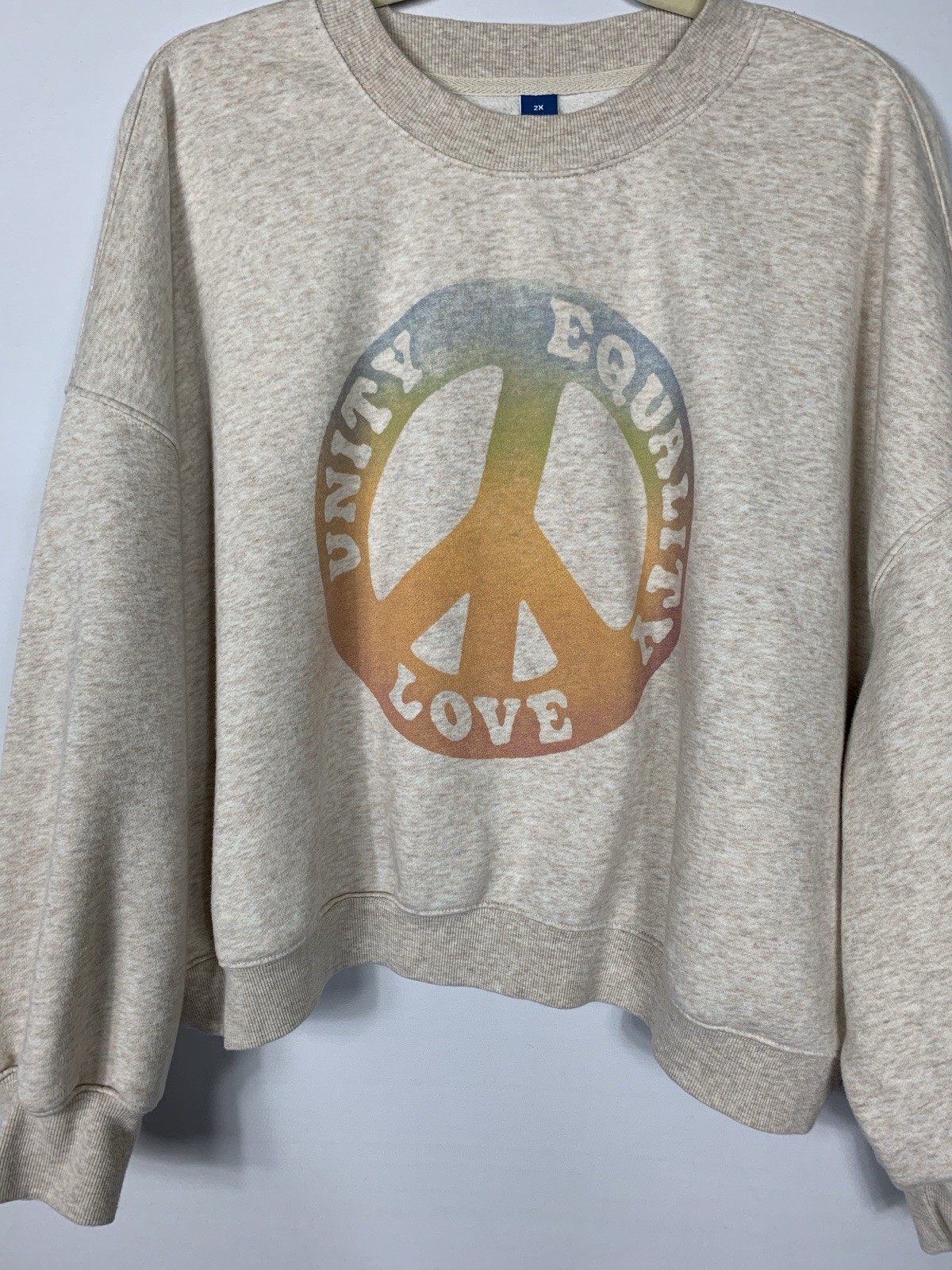 Old Navy Oversized Crop Sweatshirt 2X Unity Equality Love Peace Oatmeal Heather