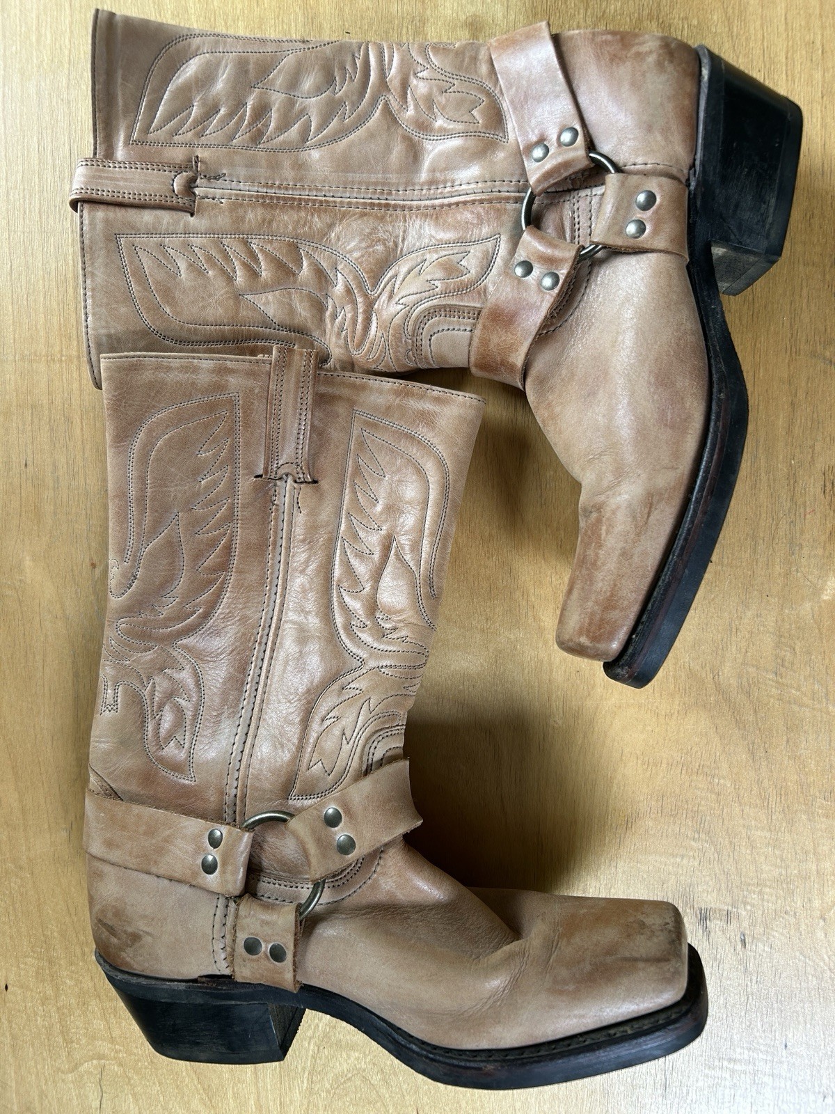 Vintage Frye Brown Eagle Harness Western Boot Women Sz 9 Cognac Square Toe OT