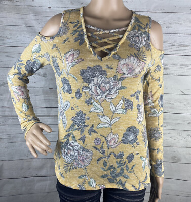 Love Fire Cold Shoulder Shirt XS Muted Yellow Floral Print Long Sleeve Knit Top