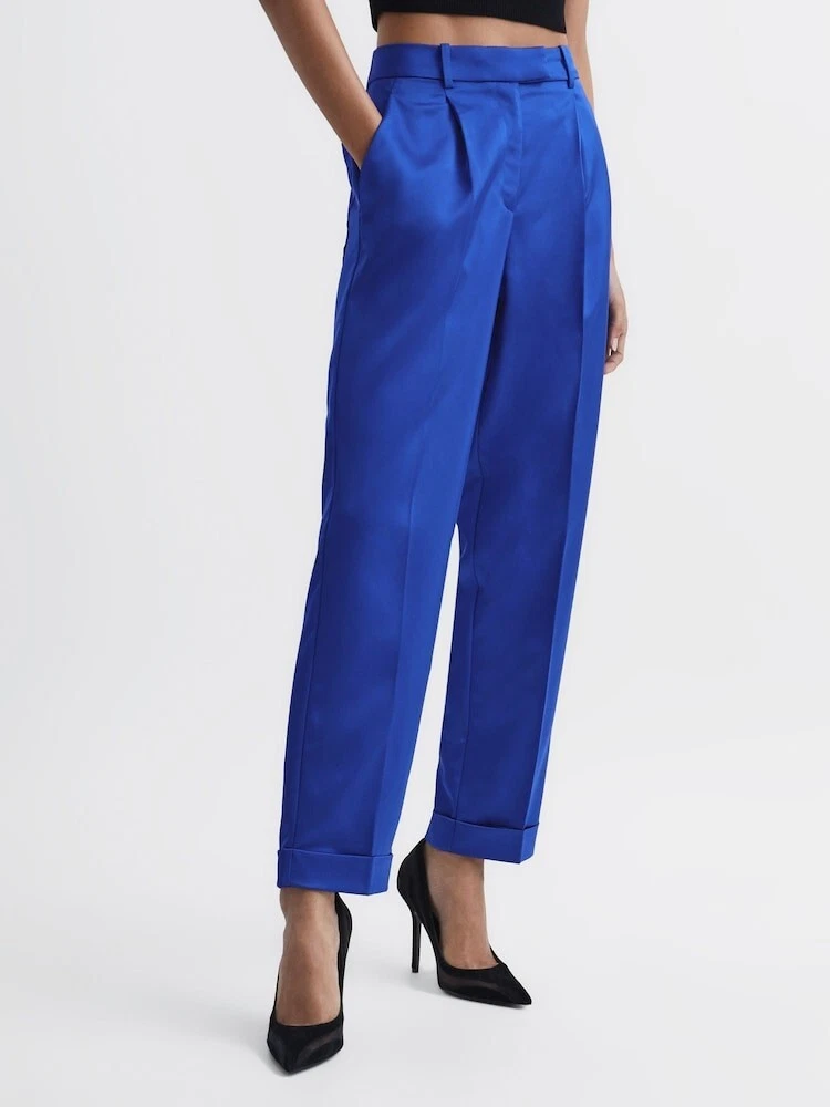 REISS Cici Satin Taper Trousers in Blue UK Size 8