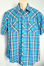 Wrangler Men's Shirt XL Plaid Blue Teal Short Sleeve Pearl Snap Buttons Western