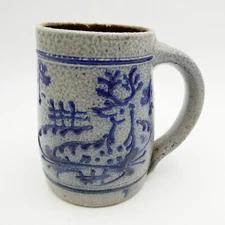 Rowe Pottery Works Reclining Buck Deer Stein Tankard Mug Salt Glazed 1986 VTG