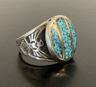 Native American Sterling Silver Navajo Eagle Inlay Turqouise Ring Size 11.5