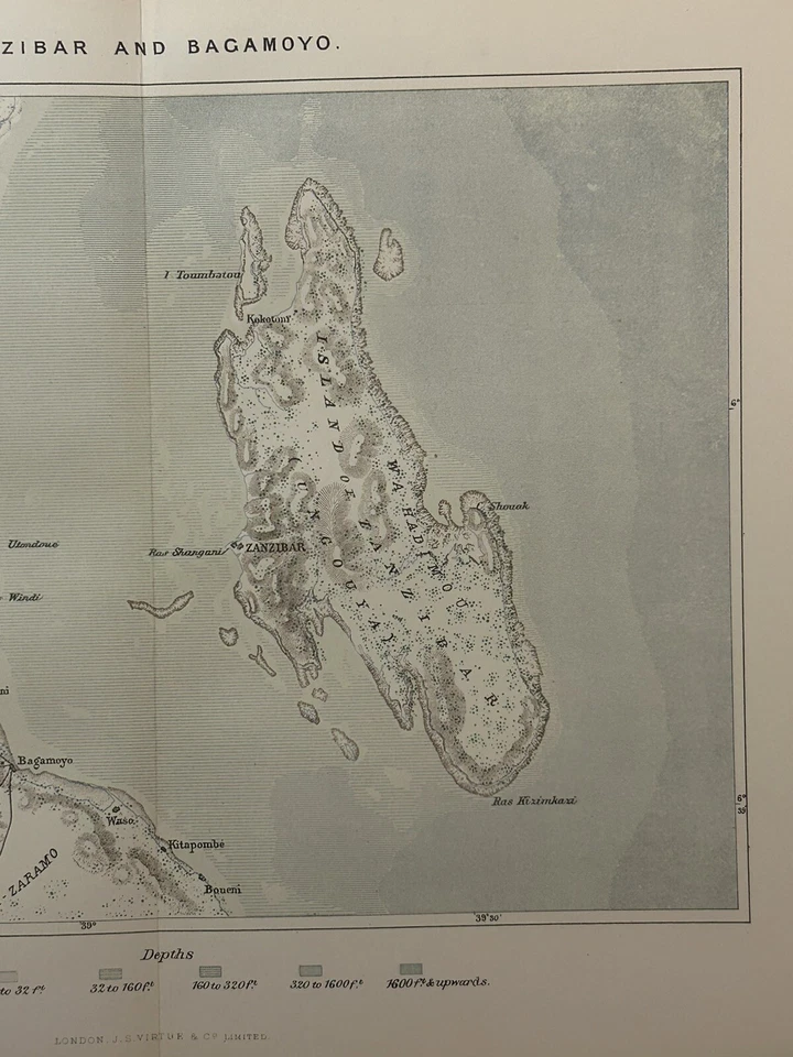 Mapa antiguo original de Zanzíbar Bagamoyo Tanzania 1888 Foto 3 de 3