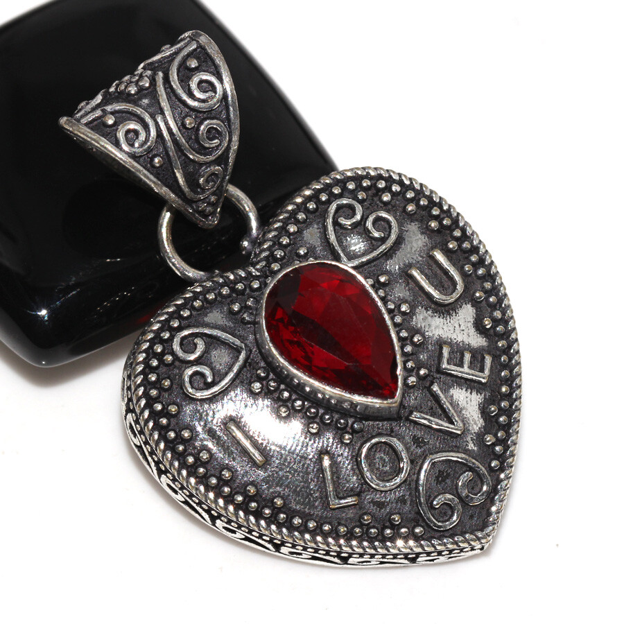 Garnet 925 Silver Plated Heart Gemstone Handmade Pendant 1.7 Inch Gift Jewelry
