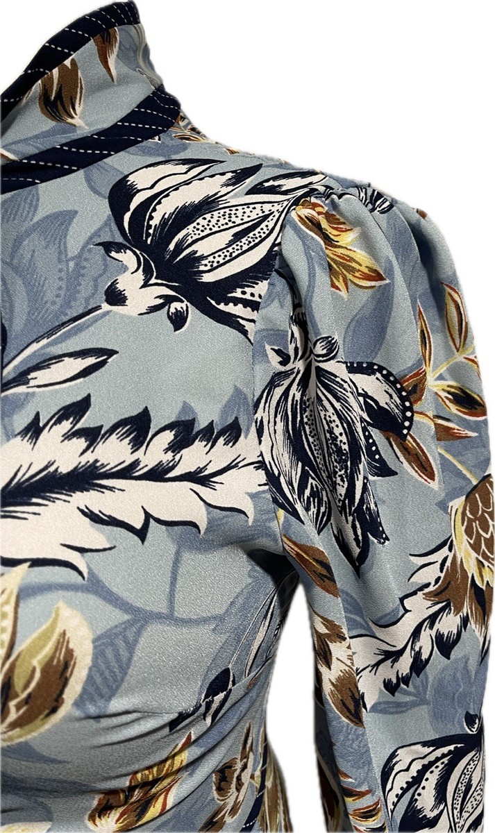 BCBG MAXAZRIA FLORAL LONG SLEEVE TIE NECK MAXI DRESS BLUE