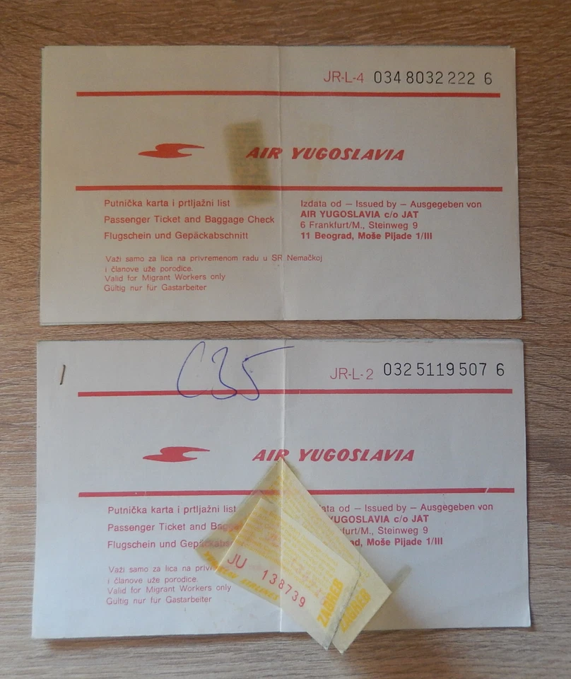 JAT AIR YUGOSLAVIA VINTAGE PLANE TICKET set of 2
