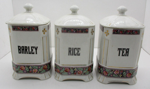 Vintage Set 3 White Block Germany Canisters Opalescent  Lusterware Porcelain