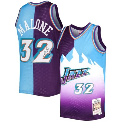 Karl Malone Jazz Autographed Split Mitchell Ness Basketball Jersey JSA  COA