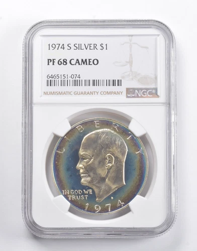 PF68 CAM 1974-S Eisenhower Silver Dollar NGC RAINBOW Toned *5169