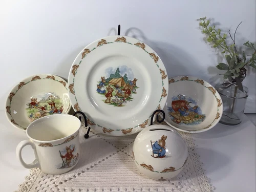 Royal Doulton BUNNYKINS Child’s China Set~5Pc~With Piggy Bank~
