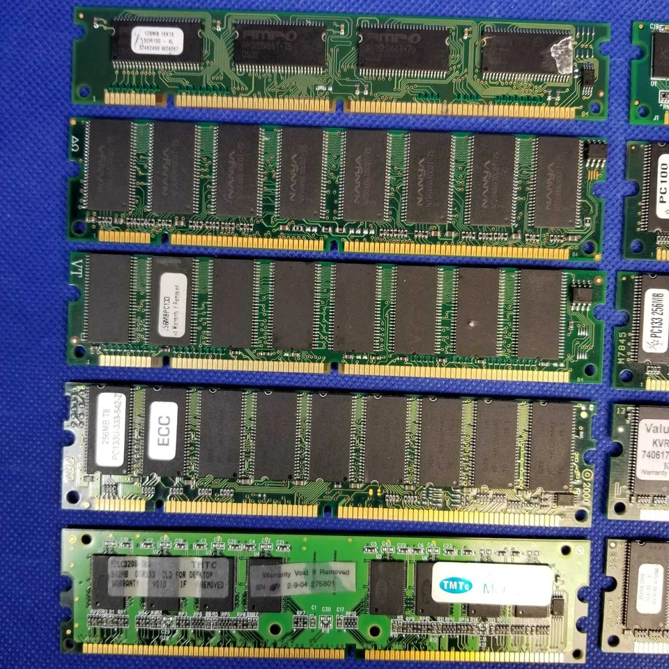 Lot of 10 Mixed PC100/PC133 ECC SDRAM 168-Pin Desktop RAM Sticks Various Brands, - Image 2 of 4
