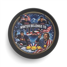 USA Hockey Triple Gold Commemorative Puck Winter Belongs to U.S. Men Women Sled