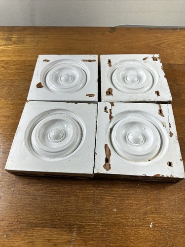 Antique Wood Bullseye Rosettes 5 1/2”, Architecture Chippy Painted Set of 4