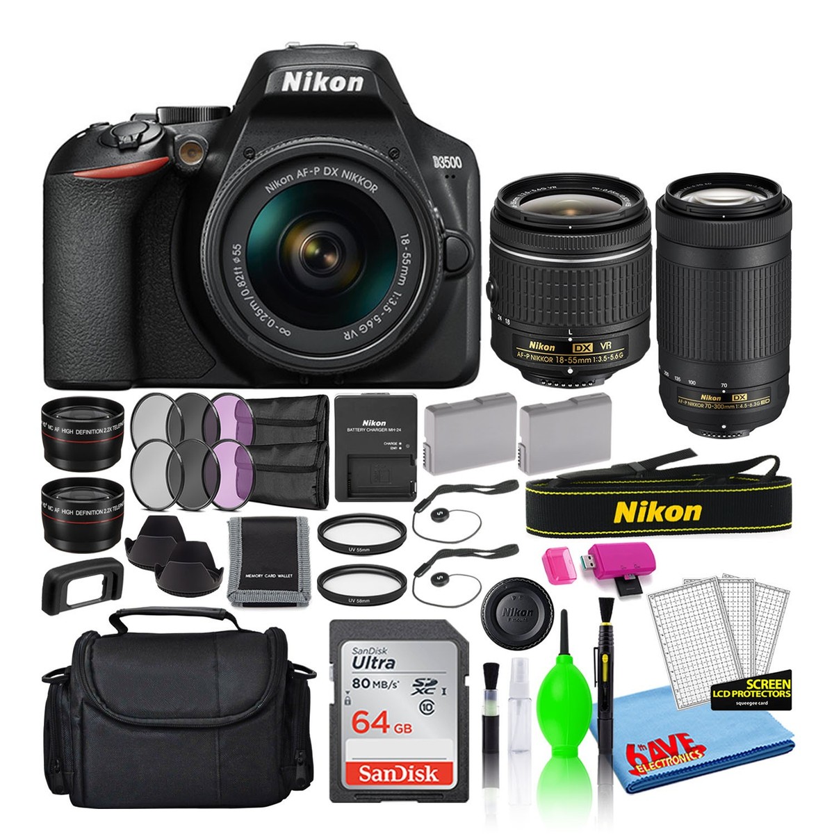 Nikon D3500 DSLR Camera with 18-55mm and 70-300mm Lenses - Black