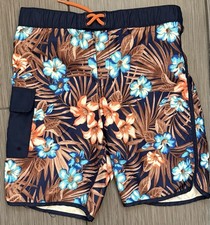 Lands  End Boys Navy Blue Tropical Print Swim Trunks Size XL 14-16 