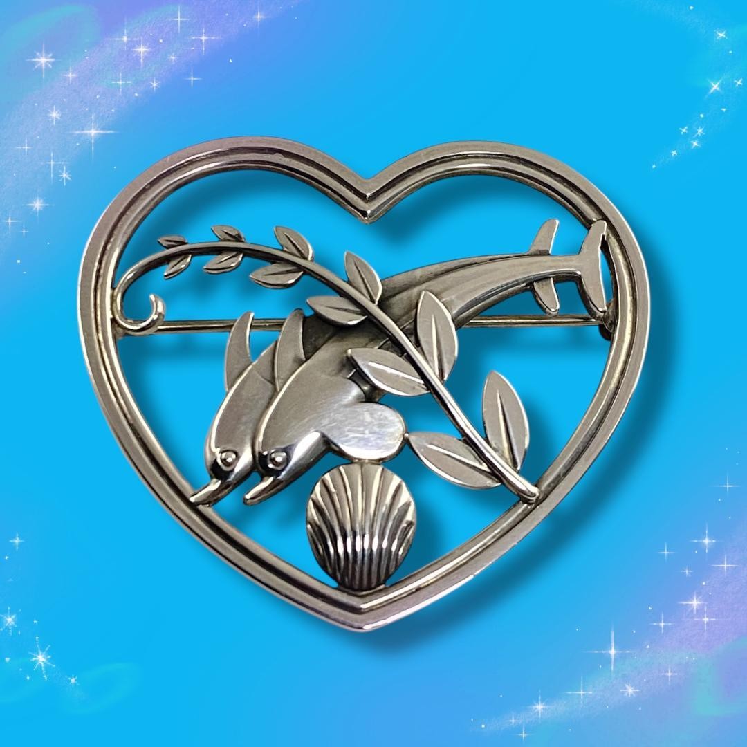 Georg Jensen 312 SV925 Brooch Dolphin Heart Silver Jewelry Genuine