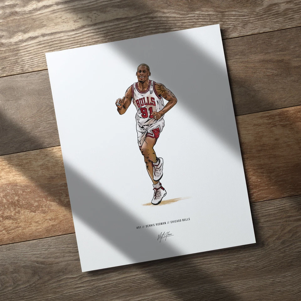 Póster Dennis Rodman Chicago Bulls ilustración de baloncesto impresión artística 8x10 Foto 3 de 4