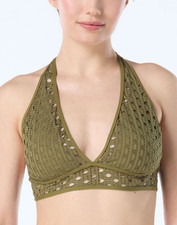 Carmen Marc Valvo Womens Crochet Halter Bikini Top Color Olive Size Large New