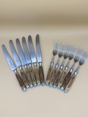 VTG Jacobs & Co Solingen Germany Rostfrei Stag Horn Steak Knife Fork Set  12Pc