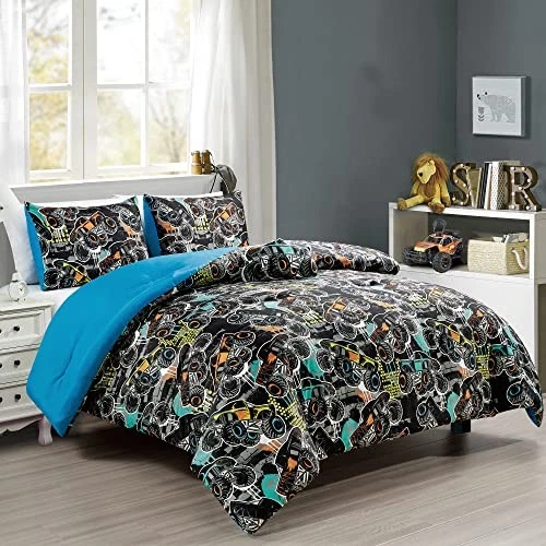Conjuntos de roupa de cama 3 peças para meninos - Microfibra macia dupla multicolorida Monster Truck - Imagem 2 de 4