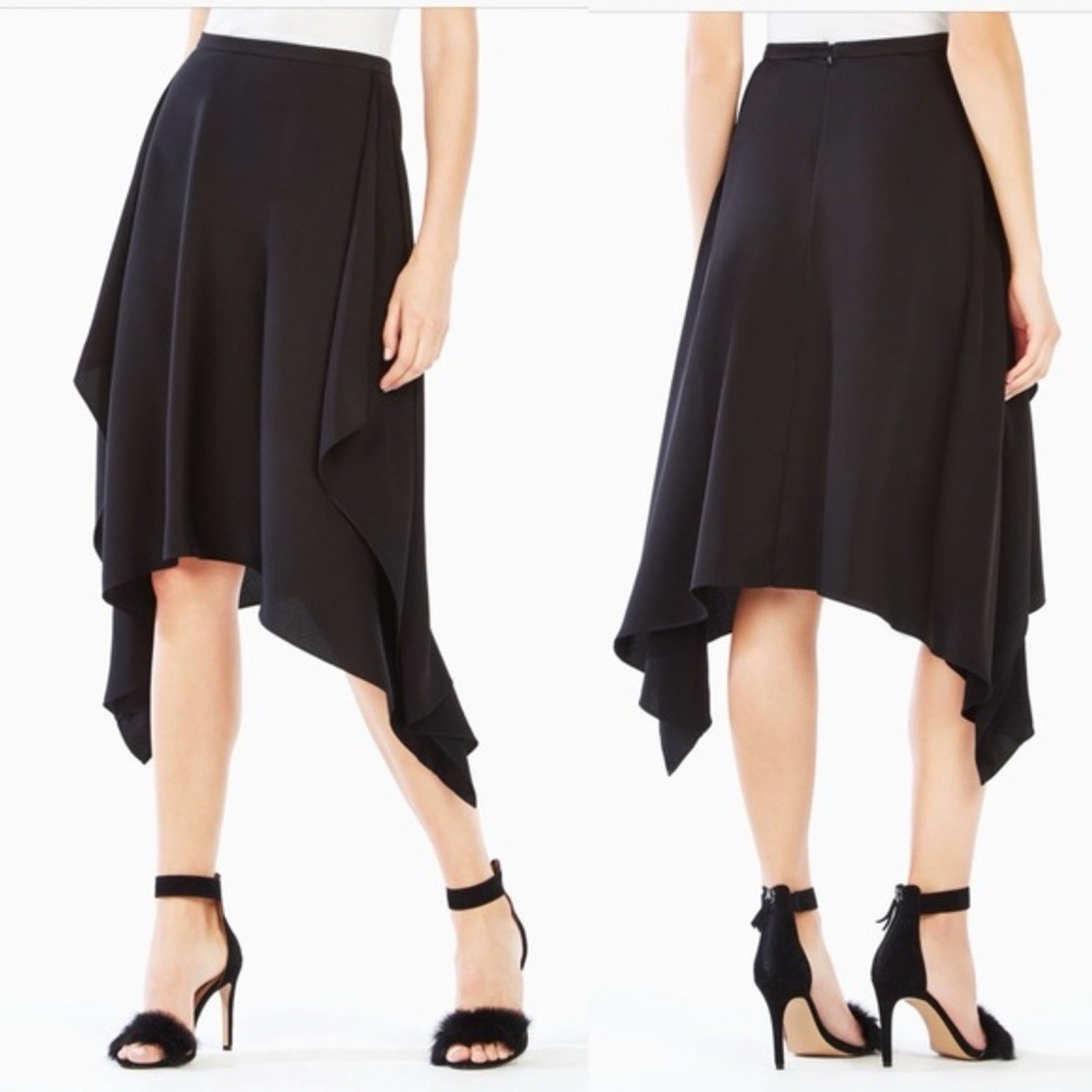 BCBG Maxazria Carlyn Asymmetrical Skirt Black High Rise Handkerchief Hem Size XS
