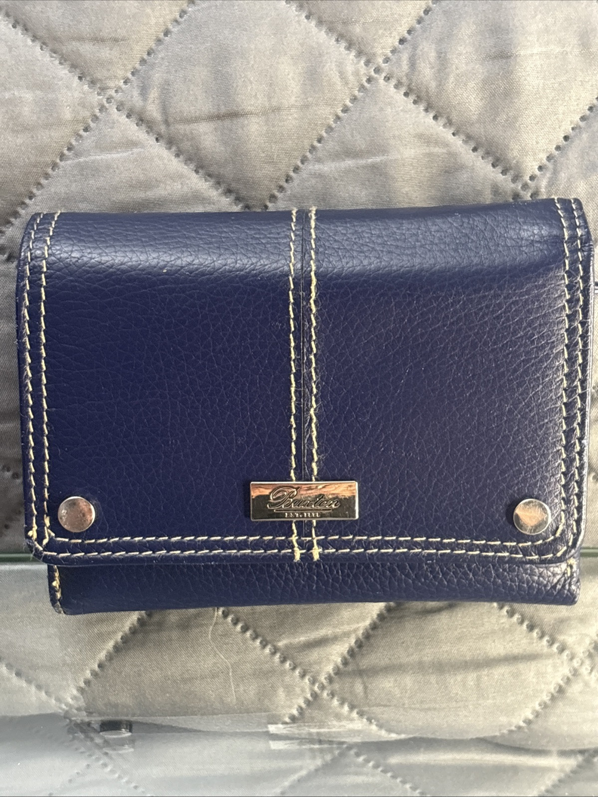 Buxton Womens Navy Leather Trifold Wallet with Rivets and Stitch Detail  