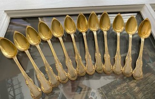 Antique Set 12 French Sterling Silver 18k Gold Vermeil Spoons Signed Minerva 800