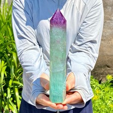 Varita de cristal de cuarzo obelisco de fluorita arco iris natural de 1,36 lb punta de torre curación