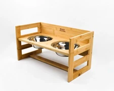 Adjustable Bamboo Raised Dog Feeder w/ 2 Stainless Steel Bowls