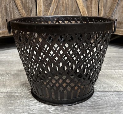 Vintage Roman Style Metal Wastebasket Trash Can Lattice w/ Handles -Estate Find!