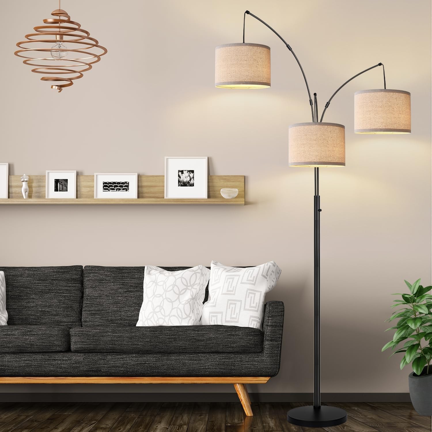 Dimmable Floor Lamp - 3 Lights Arc Lamps Matte Black-Beige Linen Shades 