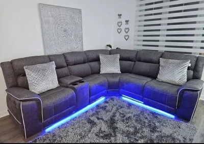 Hannah Corner Grey Micro Fibre Fabric Electrical End Recliners + Blue LED