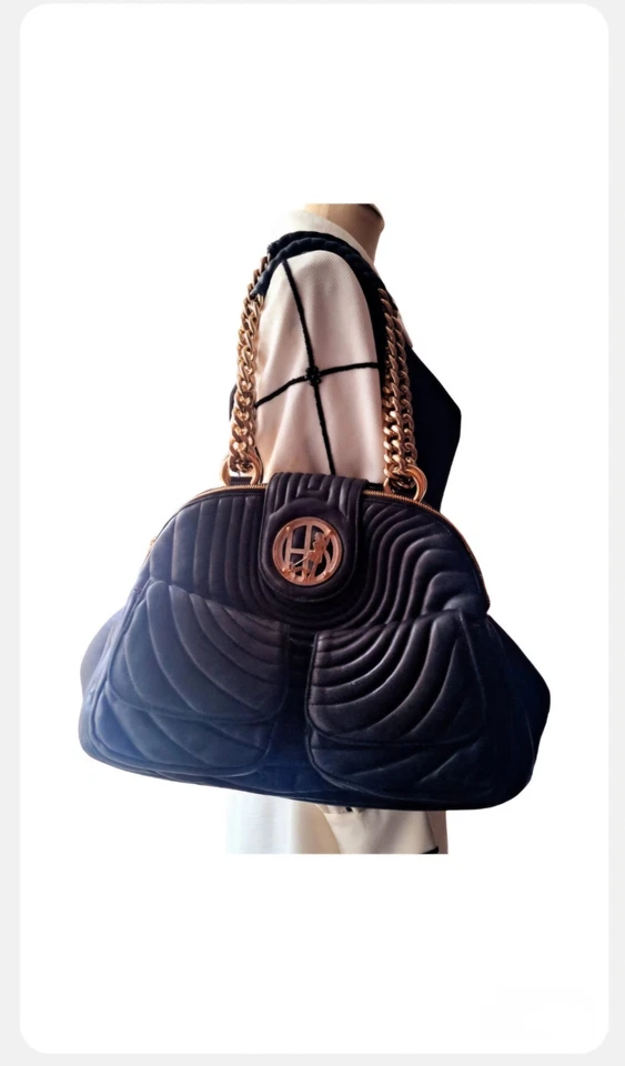 Bolso de Hombro Henri Bendel # 7 Negro Grande Acolchado Doble Cadena Dorada Asas Foto 4 de 4