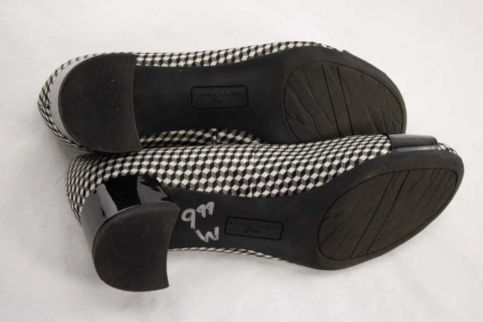 Anne Klein Black White Heels | 6.5M Bow Toe Pumps | Retro Geometric Low Block - Image 3 of 4