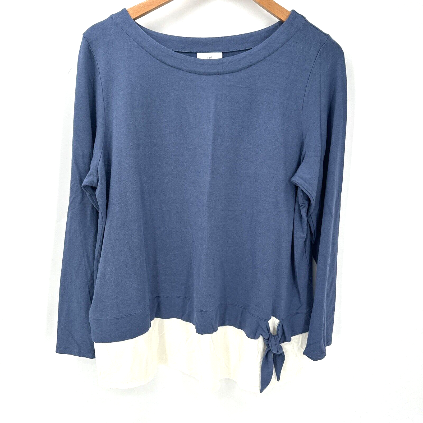 J Jill Blouse Womens Large Blue White Tie Front Long Sleeve Pullover Faux Layer