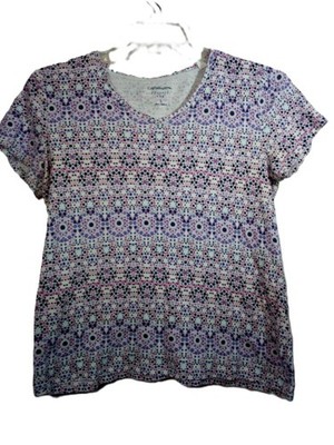 Croft & Barrow Classic Tee Women L Pink Geometric V-Neck Short Sleeve